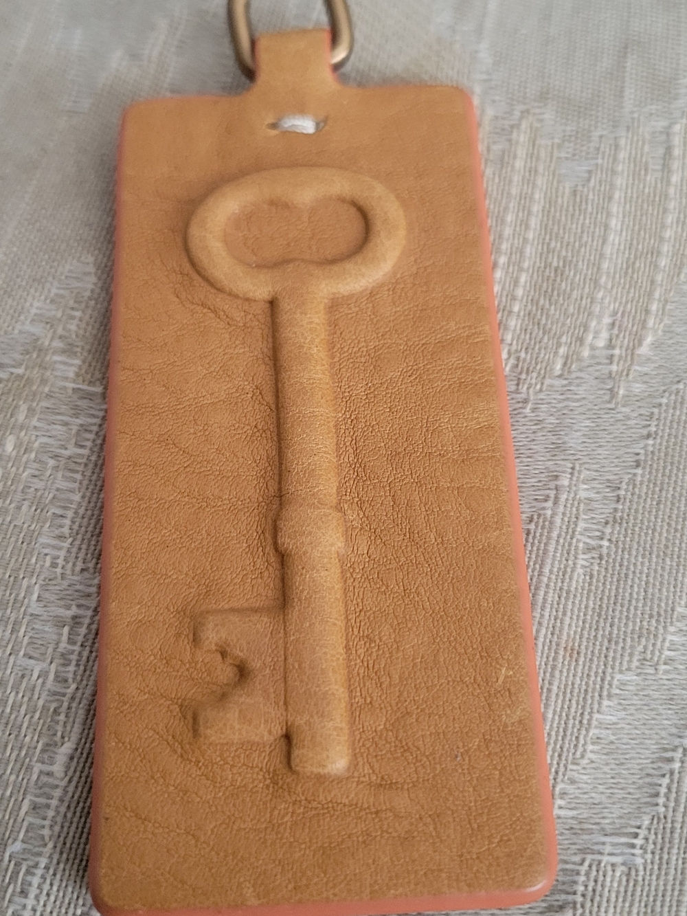 Fossil Tan Leather Key Embossed Bag Tag
